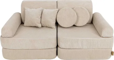 A beige corduroy sofa for children, shown from the front against a white background.