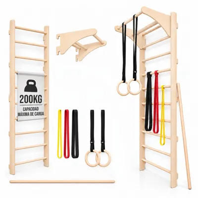 Imagen del producto de MAMOI Espaldera fitness con barra de dominadas, anillas Ringo, bandas de resistencia y palo de estiramiento para cuerpo completo