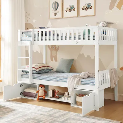 Immagine prodotto di Letto a castello per bambini in legno massello, dimensioni 90x200 cm, trasformabile in due letti singoli. Letto per bambini con sponde di sicurezza. Cassetti contenitori. Scala. Colore: bianco