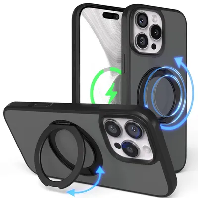 Produktbild von EAZY CASE - MagSafe Handyhülle für Apple iPhone 16 Pro Max, Ring zum Aufstellen, 360° drehbar, Magsafe Silikonhülle zum Aufstellen, stoßfest Cover in Schwarz