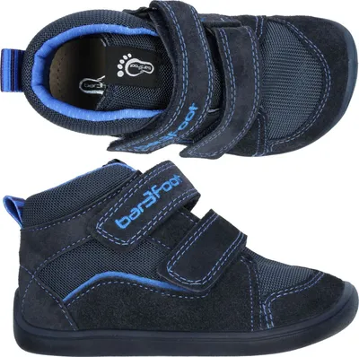 A collage of two images showing a pair of navy blue children's high-top shoes with blue accents and velcro straps.