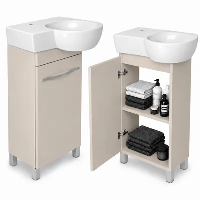 Produktbild von Waschtischunterschrank 50 cm stehend mit Waschbecken Kaschmir matt / Schmal Soft-Close, Türanschlag links/rechts, verstellbare Ablage, Metallfüße