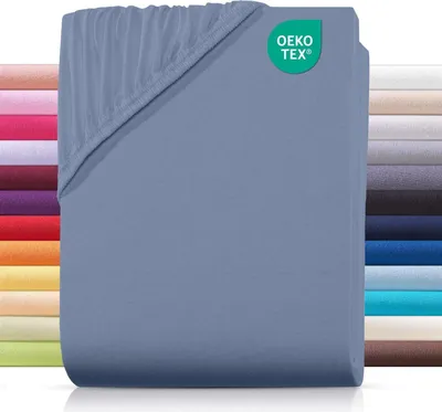 Produktbild von Jersey Spannbettlaken 90x200 cm aus 100% Baumwolle, Bettlaken Rauch-Blau Uni