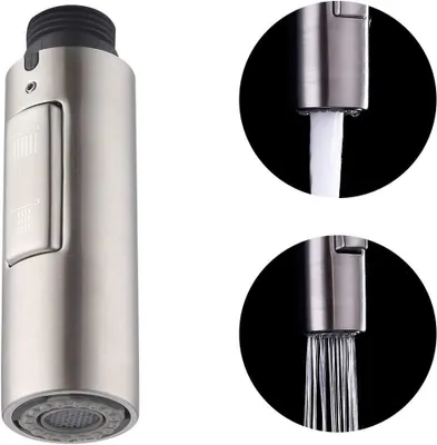 A close-up of a faucet spray head with two inset images showing water flow.