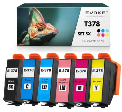 Image de Encres compatibles Evoke pour les modèles Epson T3781, T3782, T3783, T3784, T3785, T3786, 378XL (6 couleurs : noir, cyan, magenta, jaune, cyan clair, magenta clair), contenance : 78 ml, compatibles avec les imprimantes Expression Photo XP-8500, 8505, 8600, 8605, 8700, XP-15000