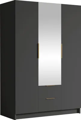 Produktbild von MIRJAN24 Kleiderschrank Calwi II 150, Schlafzimmer, mit Spiegel, Drehtürenschrank, mit Kleiderstange, Modern, Garderobenschrank, Metallgriffe (Farbe: Schwarz + Gold)