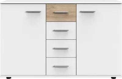 Produktbild von Kombikommode >Budapest< 2 Türen, 4 Schübe, weiss / Hickory-Eiche-Nachbildung - 130x83x41cm (B/H/T)
