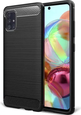 A black TPU phone case with a carbon fiber texture on the top and bottom is shown next to a smartphone.