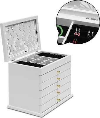 Immagine prodotto di Portagioie in legno - Organizer per gioielli - 6 livelli - 5 cassetti - Per bracciali, collane, orecchini, anelli - 31x20x24,5 cm - Bianco