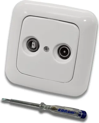 Produktbild von Busch JÄGER Komplettset Antennensteckdosen-Einsatz Universal 2-Loch Durchgangsdose Frequenzbereich 5-2400 MHz Radio/TV/SAT (**) WISI, ReflexSi alpinweiß, 2 Anschlüsse + EBROM Phasenprüfer zur Montage