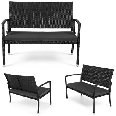 Image de Banc de jardin Vigevee 2 places, aspect rotin noir avec coussins, banc pour balcon, terrasse ou jardin