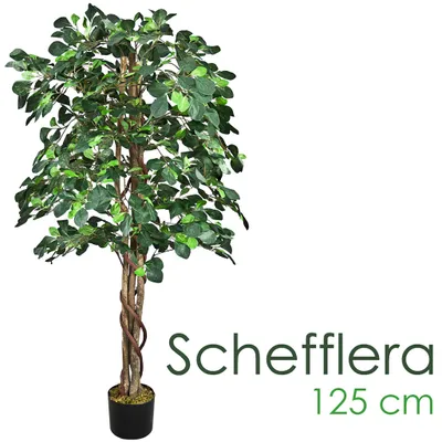 Produktbild von Schefflera Kunstpflanze Künstliche Pflanze Kunstlicher Baum Kunstbaum mit Echtholz 125cm Decovego