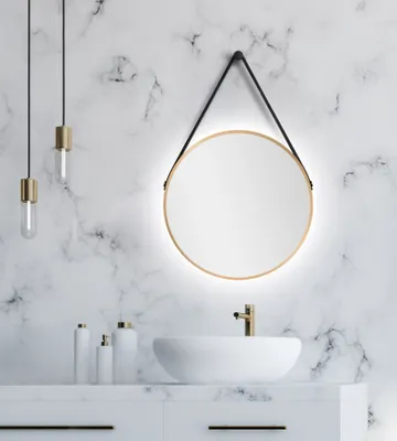 Produktbild von Wandspiegel rund Talos Gold Light Matt Ø 50 cm - Badspiegel mit indirekter Beleuchtung - Aufhängegurt in Lederoptik - Lichtspiegel mit Lichtfarbe neutralweiß - hochwertiger matt goldener Aluminiumrahmen - Badezimmerspiegel