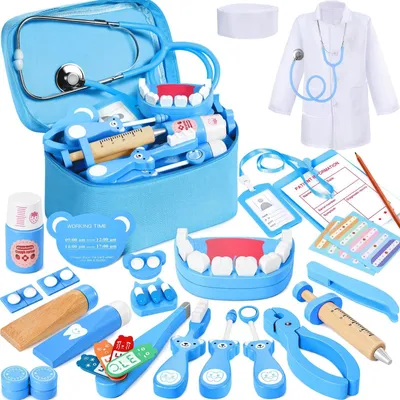 Imagen del producto de Maletín de médico para niños a partir de 3 años, con 40 piezas, juguete de madera para niños y niñas, juego de dentista, juego de roles, maletín de médico con detalles en azul