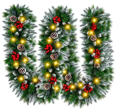 Weihnachtsgirlande 2,7 m, 30 LEDs, geflockt, mit Beeren & Zapfen