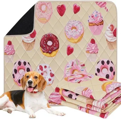 Productafbeelding van Wasbare plaspads voor honden, set van 2 cakepatroon, herbruikbare waterdichte puppy-potjespads, antislip absorberende trainingspads voor huisdieren voor boxbed, EU015 beige cake, 48 x 36 cm