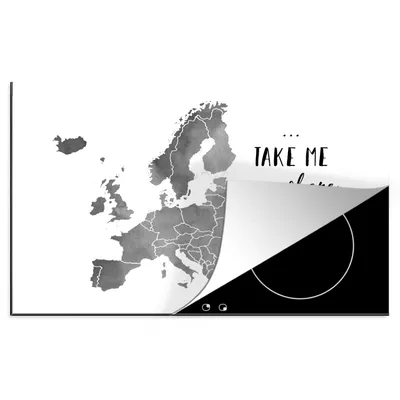 Obrázok produktu pre MuchoWow® Krycia doska sporáka - Indukčná ochrana - 81x52cm Mapa Európy v sivej akvarelovej farbe s textom "Take me anywhere" - čiernobiela - Kryt na