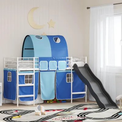 Imagen del producto de Cama litera exclusiva para niños, con cortinas, en blanco y azul, de 75 x 190 cm