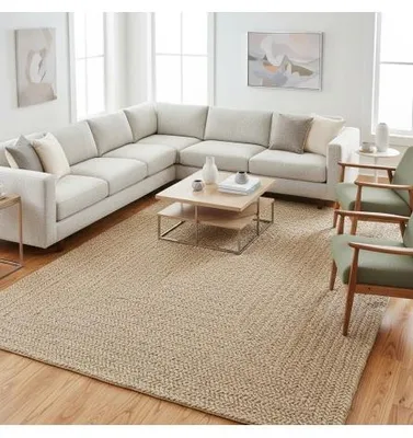 Produktbild von Flachgewebter Teppich für den Innen- und Außenbereich mit grafischem Rahmenmuster. Strapazierfähig und pflegeleicht. 240 x 340 cm Creme