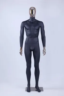 Productafbeelding van DM1-8D: Volledig mannelijk etalagepop. Levensgrote etalagepop, 190 cm, mat zwart, met voetstuk. "Egghead" galvanische afwerking. Etalagefiguur