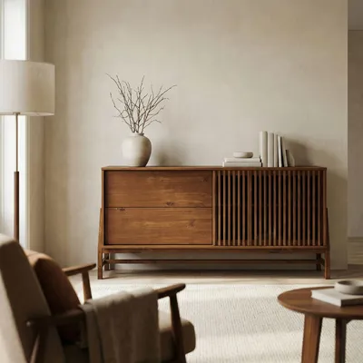 Produktbild von Sideboard ADAMO 145 cm aus Massivholz, Kastanie Finish - Kommode mit markanter Lamellenschiebetür, Wohnzimmer Möbel mit 2 Schubladen, Anrichte mit verstellbarem Einlegeboden
