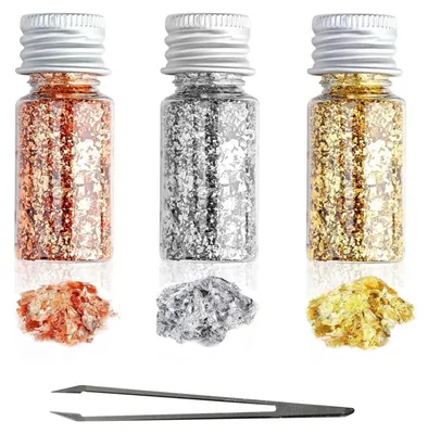 Image de Flocons d'or (feuilles d'or) 3 x 30 ml. Or, argent, or rose. Non comestible. Pour travaux d'artisanat et décoration