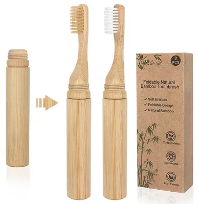 Image de Brosses à dents en bambou portables SWKJ, lot de 2, biologiques, naturelles, pliables