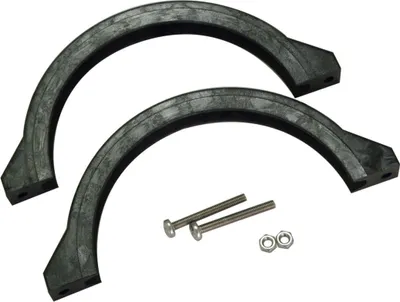 Two black curved plastic pieces with metal screws and nuts on a white background.
