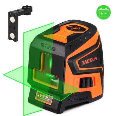 A laser level tool and its accessory are displayed against a white background, with green laser lines projected.
