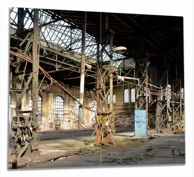 Produktbild von Wallario Herdabdeckplatte aus Glas, Größe 60 x 52 cm 2-teilig, Motiv Verlassene Industriehalle - Alte Fabrik