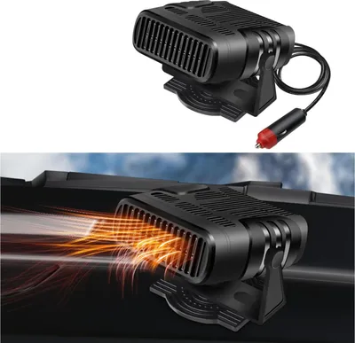 A collage showing a car heater from different angles, one showing it in use with heat waves emanating from it.
