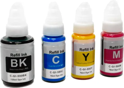 Four bottles of refill ink for printers, labeled with colors and codes.