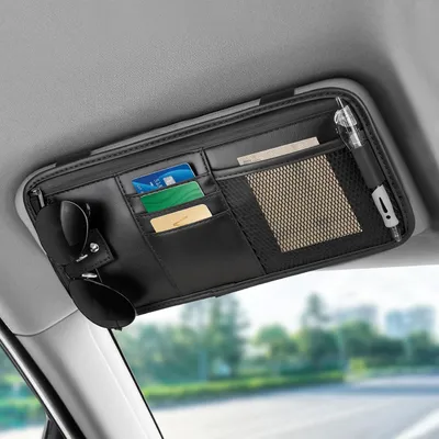 Produktbild von Organizer für die Auto-Sonnenblende aus Kunstleder mit Brillenhalter und Fächern für Karten, Stifte, Brillen und Quittungen