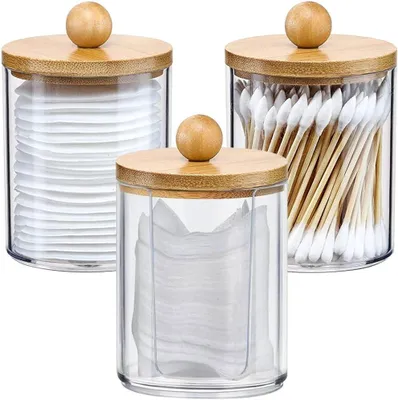 Productafbeelding van Wattenstaafjes Houder - Opbergdoos Katoen - Badkamer Organiseren - Met Bamboe Deksel - 3 Stuks - Transparant
