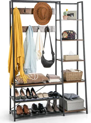 Produktbild von GOPLUS Garderobenständer mit Sitzbank, 5-in-1 Kleiderständer mit 5 Ablagen & 9 Haken, Garderobe mit Sitzbank & Schuhregal, Rustikal Braun+Schwarz