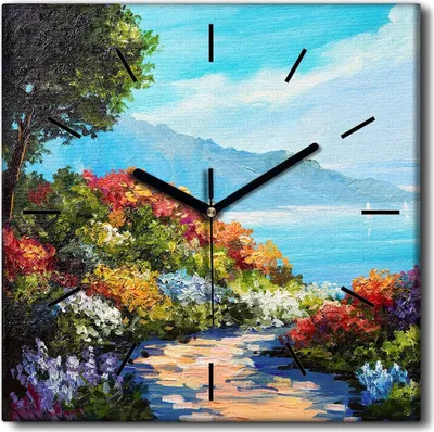Produktbild von Coloray Uhr auf Leinwand 30x30 cm Wand Uhr Dekoration Wohnzimmer Segeltuch schwarze Hände -Berge Landschaft. Baum