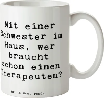 Produktbild von Mr. & Mrs. Panda haferl Spruch Schwester Glück - Weiß - Geschenk, Unterstützung, Trinkbecher, Zusammenhalt, Geschwisterliebe, Handarbeit, Kaffeetasse, Kaffeebecher, Pott