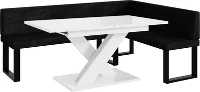 Produktbild von MEBLINI Eckbank für Esszimmer mit ausziehbarem Tisch  - Küchenbank - Essecke - Sitzecke Küche - TONI - U-Beine 142x196x87cm Rechts - Schwarz Samt/B Weiß Hochgl.