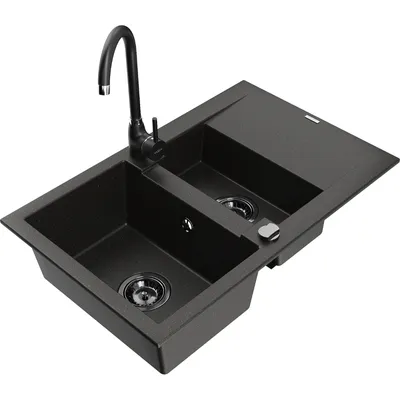 Obrázek produktu pro Mexen Gaspar 1,5-miskový granitový dřez s odkapávačem a kuchyňskou baterií Telma, Černá/Zlatá - 6507-75-670200-70-B