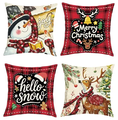 Weihnachtskissenbezüge 45x45 cm, 4er-Set, rot, Schneemann, Rentier, Baum