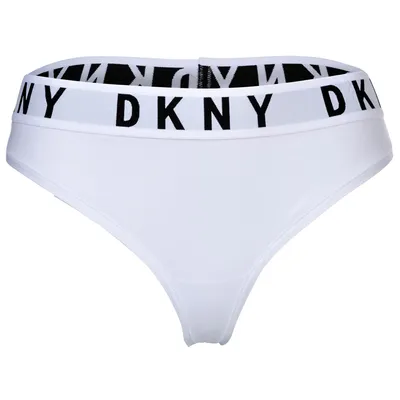 Zdjęcie produktu dla Bielizna DKNY damska – stringi, tanga, bawełna modalna, elastyczna, z logo, jednolity biały kolor, rozmiar M
