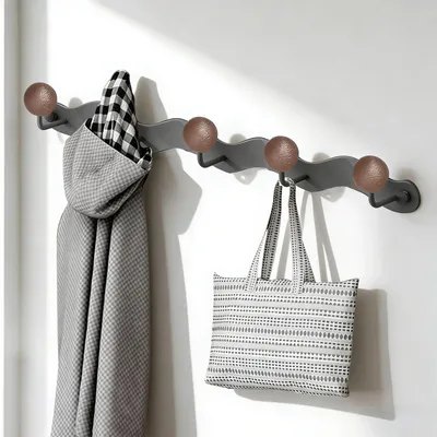 Image de Portemanteau, crochets muraux de 38 cm, portemanteau mural avec 5 crochets sphériques en bois, pour la chambre, la salle de bains et le salon