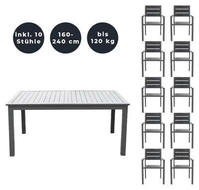Produktbild von HOME DELUXE - Gartentisch ausziehbar - CASA - ca. 160 (240) x 100 x 74 cm - inkl. 10 Stühlen, Gestell und Tischplatte Aluminium - inkl. Zubehör I Gartenmöbel Ausziehtisch Balkonset