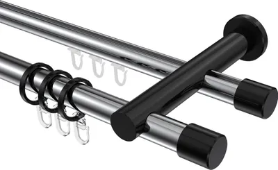 Produktbild von Interdeco Rundrohr-Innenlaufstange / Gardinenstange (Kombination) Chrom / Schwarz, Typ Platon Santo (Kappe), 20 mm Ø 2-läufig, 320 cm