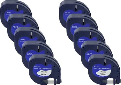 Produktbild von vhbw 10x Schriftband-Kassette Plastik kompatibel mit Dymo LetraTag Plus LT-100T, XM, 2000, LT-100H Etiketten-Drucker 4m x 12mm Schwarz auf Weiß