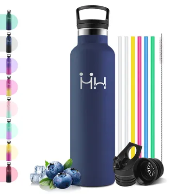 Produktbild von Trinkflasche Edelstahl 1l mit Strohhalm, Thermo Flasche Gelb Fuchsia für Büro