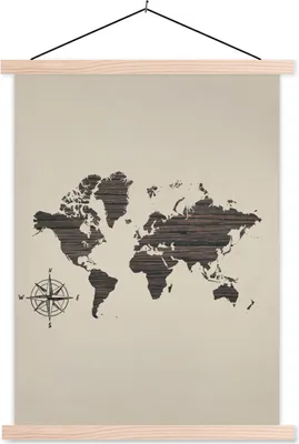 Produktbild von MuchoWow® Textilposter Weltkarte - Holz - Vintage 40x53 cm mit holzfarbenen Rahmen - Schlafzimmer