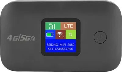 A black portable 4G/5G LTE WiFi router with a small screen displaying network status, battery, and connection details.