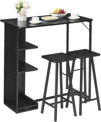 Image de Ensemble table de bar avec tabourets, ensemble de table de bar en 3 pièces, ensemble de salle à manger pour cuisine avec 2 tabourets et 3 étagères, idéal pour appartements, cuisines, salons et salles à manger (noir)