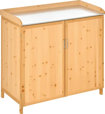 Image de Outsunny Armoire de jardin sur pied table de rempotage 2 en 1 - table de jardinage double porte, šŠtagššre, plateau t?le acier galvanisšŠ - table de plantation bois de cššdre pršŠ-huilšŠ